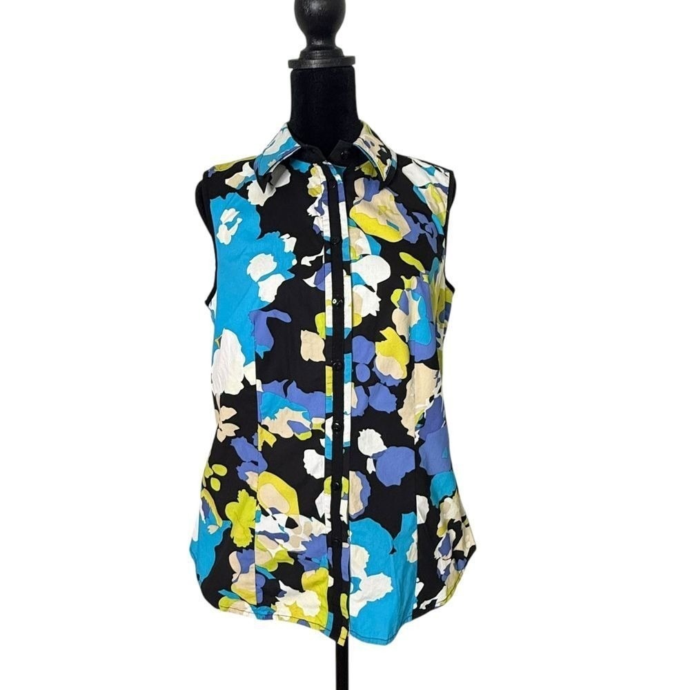 Carlisle Sleeveless Button Down Blouse Size 6 Cotton Mod Colorful Artsy Retro